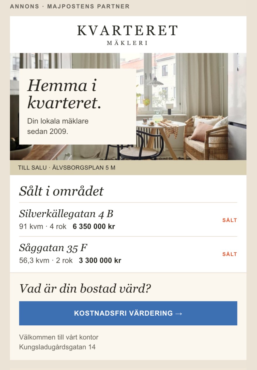 Kvarteret Mäkleris annons på mobil, med bilder