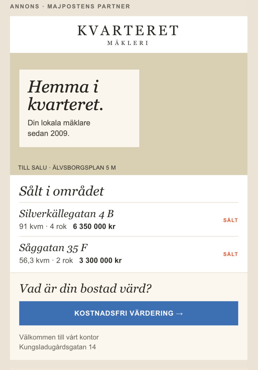 Kvarteret Mäkleris annons på mobil, när e-postprogrammet inte visar bilder